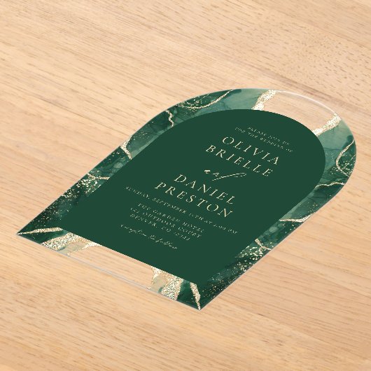 エメラルドグリーン金ゴールド結婚アゲートエレガントズ アクリル招待状 (レイダウン)