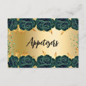エメラルドグリーン金ゴールド花パーティーフードテーブルカード セーブザデート (正面)