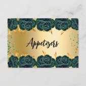 エメラルドグリーン金ゴールド花パーティーフードテーブルカード セーブザデート (裏面)