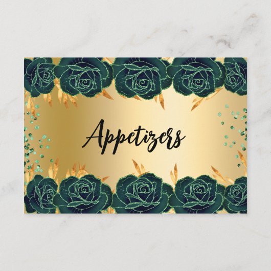 エメラルドグリーン金ゴールド花パーティーフードテーブルカード セーブザデート (裏面)