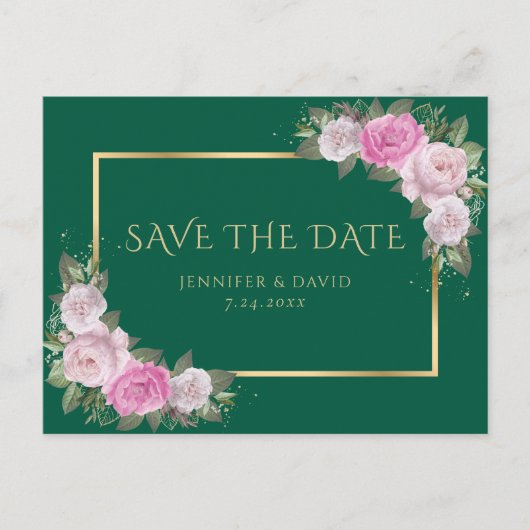 エメラルドグリーン金ゴールド赤面ピンクフローラ保存日 案内ポストカード (正面)