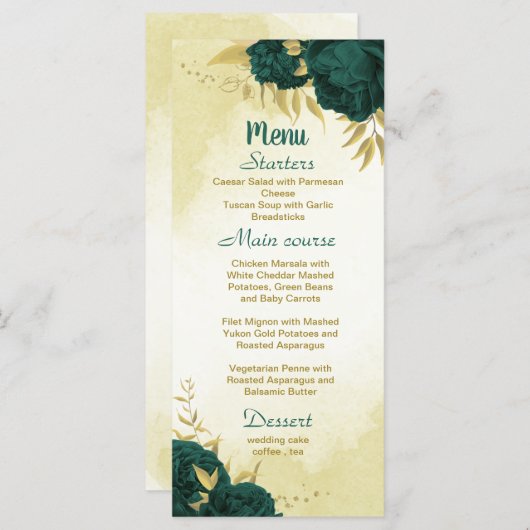 エメラルドグリーン離れ花金ゴールド結婚ズ メニュー (正面/裏面)