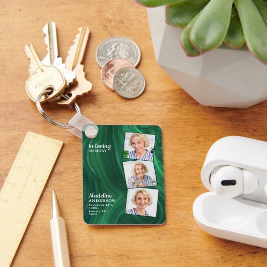 エメラルドグリーン3写真葬儀記念祈りの言葉 キーホルダー (デスク)
