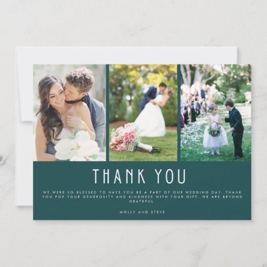 エメラルドグリーン3枚結婚写真ありがとう サンキューカード (正面)