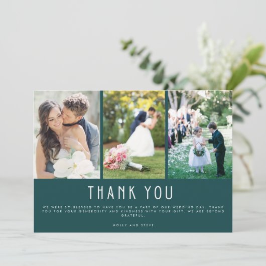 エメラルドグリーン3枚結婚写真ありがとう サンキューカード (スタンド正面)