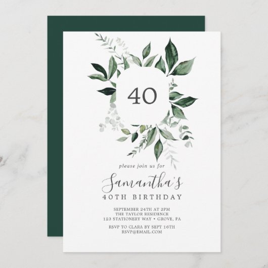 エメラルドグリーン40歳の誕生日 招待状 (正面/裏面)