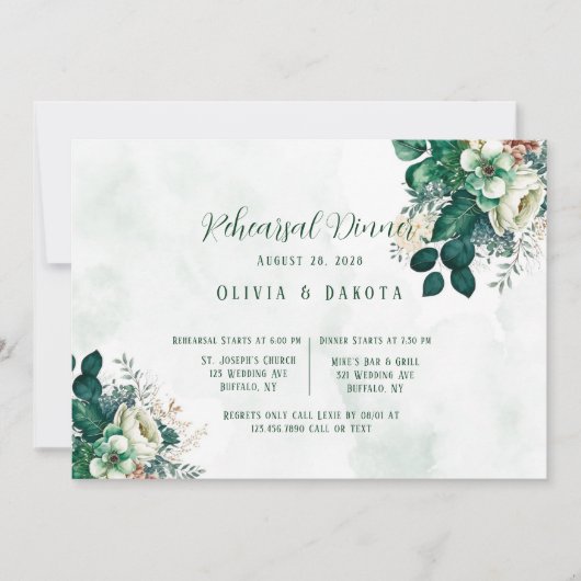 エメラルドグリーン&クリーム花模様リハーサルディナー 招待状 (正面)