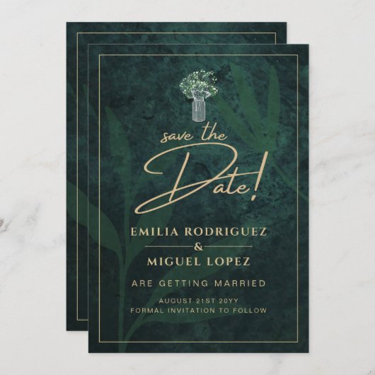 エメラルドグリーン ゴールド ギプソフィラ ウェディング セーブデート 招待状 (正面/裏面)