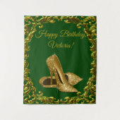 エメラルドグリーン ゴールド ハイヒール バースデー M 背景 タペストリー (正面)