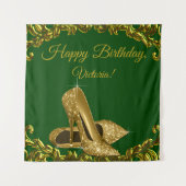 エメラルドグリーン ゴールド ハイヒール バースデー SQ 背景 タペストリー (正面)