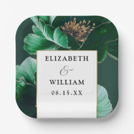 エメラルドグリーン ゴールド フラワーズ エレガント モダン ウェディング ペーパープレート