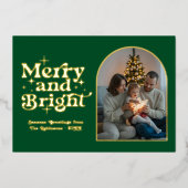 エメラルドグリーン & ゴールド モダン レトロ クリスマス フォト 箔シーズンカード (正面)