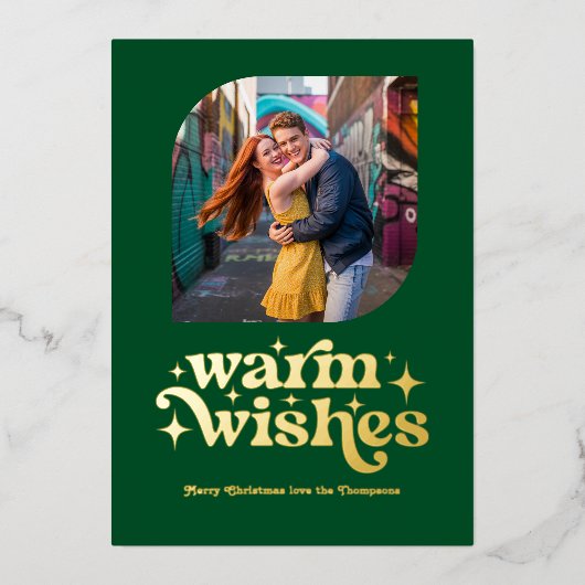 エメラルドグリーン & ゴールド モダン レトロ クリスマス フォト 箔シーズンカード (正面)
