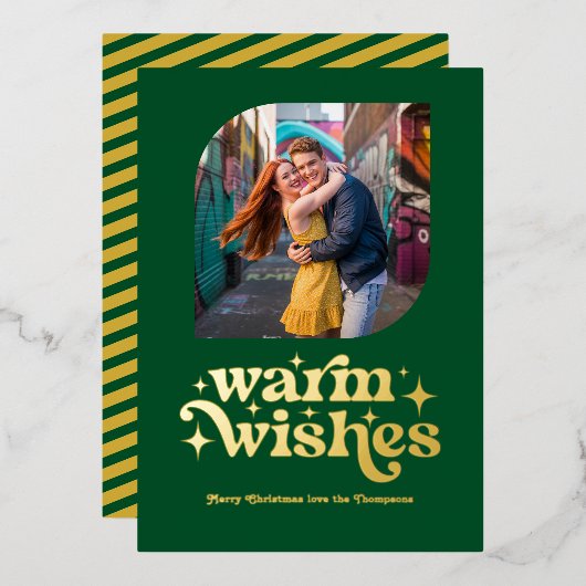 エメラルドグリーン & ゴールド モダン レトロ クリスマス フォト 箔シーズンカード (正面/裏面)