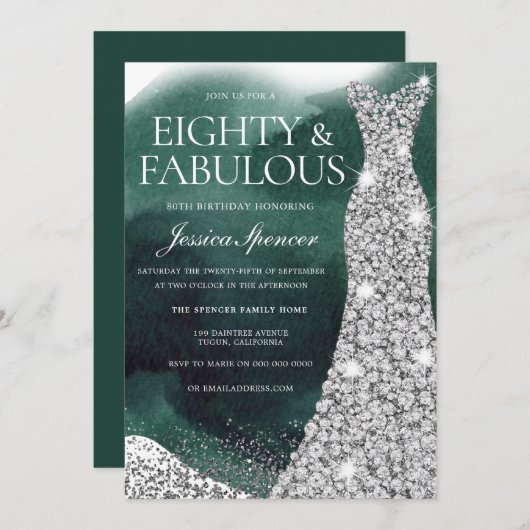 エメラルドグリーン&シルバーガウン80thバースデーパーティー 招待状 (正面/裏面)