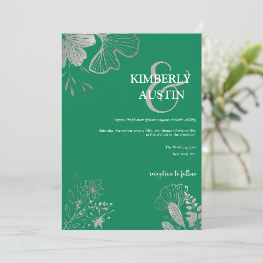 エメラルドグリーン |シルバーフローラ結婚式招待状 招待状 (スタンド正面)
