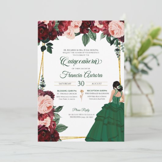 エメラルドグリーン&バーガンディーピンクフローラキンセアニェラ 招待状 (スタンド正面)