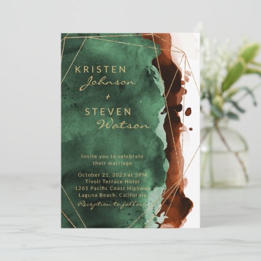 エメラルドグリーン&バーンドオレンジ結婚式招待状 招待状 (スタンド正面)