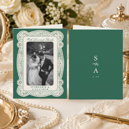 エメラルドグリーン ビンテージ レース 古き良き時代の結婚式 写真 サンキューカード