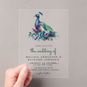 エメラルドグリーン フローラル・クジャクの結婚式 アクリル招待状 (インサイチュ (ポータブル))