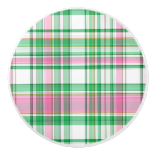 エメラルドグリーン、ホットピンク、ホワイト名門私立校風のマドラスプレイド セラミックノブ (正面)