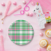 エメラルドグリーン、ホットピンク、ホワイト名門私立校風のマドラスプレイド ペーパープレート (パーティー)