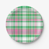 エメラルドグリーン、ホットピンク、ホワイト名門私立校風のマドラスプレイド ペーパープレート (正面)