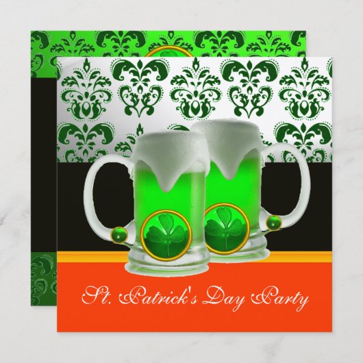 エメラルドグリーン ホワイト ダマスク シャムロック ブラック オレンジ 招待状 (正面/裏面)