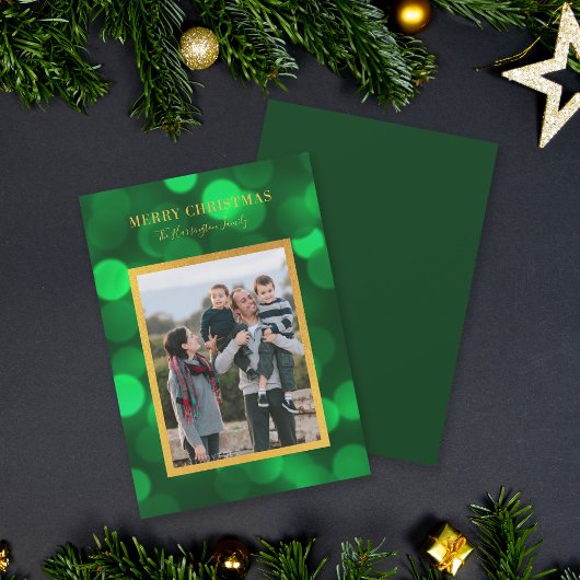 エメラルドグリーン《写真》ぼけ味ライト金ゴールドメリークリスマス シーズンカード