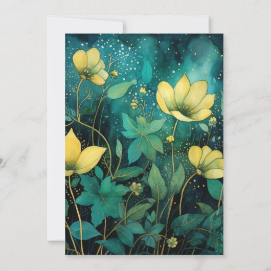 エメラルドグリーン、金ゴールドとブラックフローラ結婚ズ 招待状 (裏面)