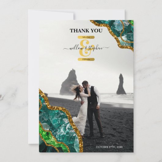 エメラルドグリーン&金ゴールドアゲートゲードグリッターモノグラム サンキューカード (正面)