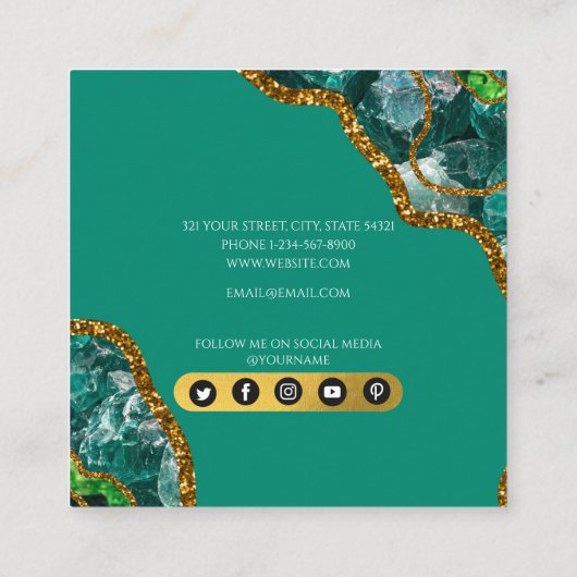 エメラルドグリーン&金ゴールドアゲートゲードグリッターモノグラム スクエア名刺 (裏面)
