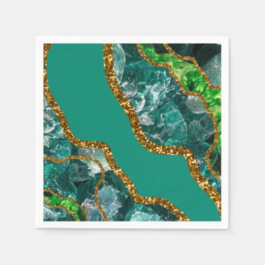 エメラルドグリーン&金ゴールドアゲートゲードグリッター スタンダードカクテルナプキン (正面)