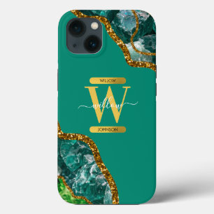 エメラルドグリーン&金ゴールドアゲードモノグラム iPhone 13ケース