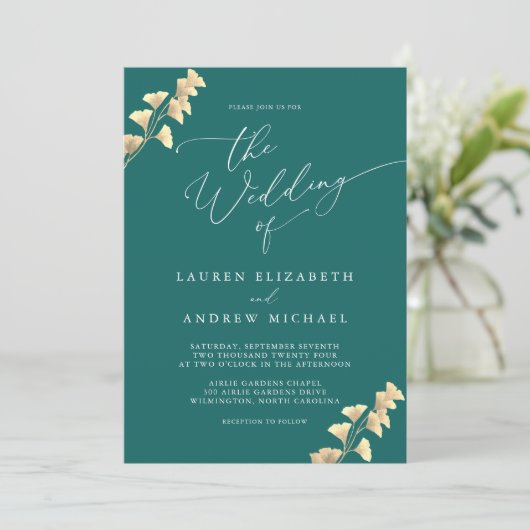 エメラルドグリーン&金ゴールドウォーターカラー結婚式招待状 招待状 (スタンド正面)