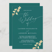 エメラルドグリーン&金ゴールドウォーターカラー結婚式招待状 招待状 (正面/裏面)