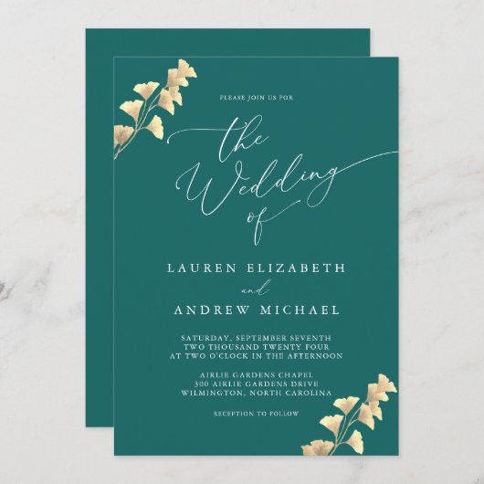 エメラルドグリーン&金ゴールドウォーターカラー結婚式招待状 招待状 (正面/裏面)