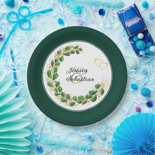 エメラルドグリーン&金ゴールドジュエルトーンユーカリ結婚プタス ペーパープレート (パーティー)