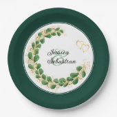 エメラルドグリーン&金ゴールドジュエルトーンユーカリ結婚プタス ペーパープレート (正面)