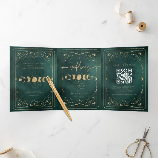 エメラルドグリーン&金ゴールドタロットシレ結婚ンツ 三つ折り招待状