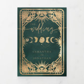 エメラルドグリーン&金ゴールドタロットシレ結婚ンツ 三つ折り招待状 (カバー)