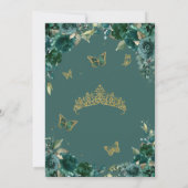 エメラルドグリーン&金ゴールドバタフライフローラキンセアニェラ 招待状 (裏面)