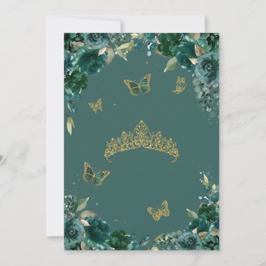 エメラルドグリーン&金ゴールドバタフライフローラキンセアニェラ 招待状 (裏面)