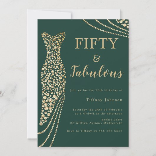 エメラルドグリーン&金ゴールドフィフティ&ファブ50誕生日 招待状 (正面)