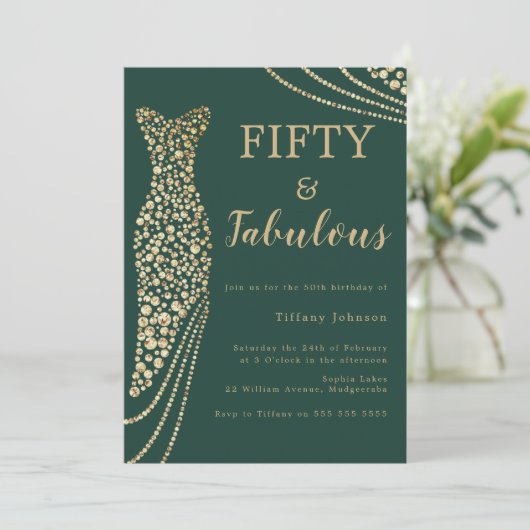 エメラルドグリーン&金ゴールドフィフティ&ファブ50誕生日 招待状 (スタンド正面)