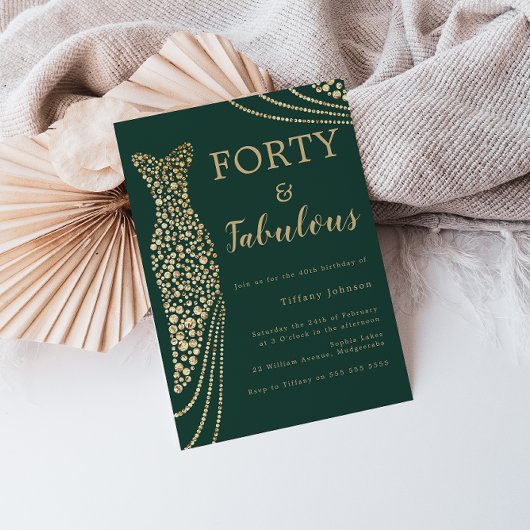 エメラルドグリーン&金ゴールドフォーティ&ファブ40歳の誕生日 招待状