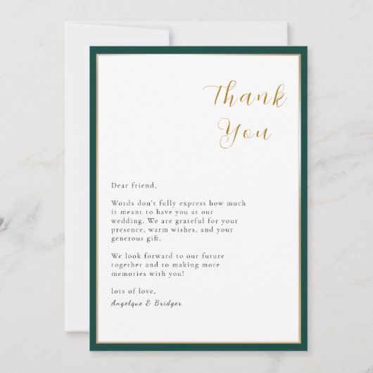 エメラルドグリーン&金ゴールドフレームフォトサンキューカード サンキューカード (裏面)