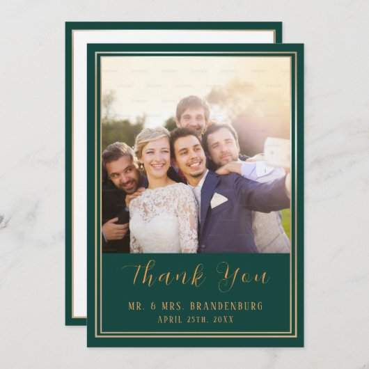 エメラルドグリーン&金ゴールドフレームフォトサンキューカード サンキューカード (正面/裏面)