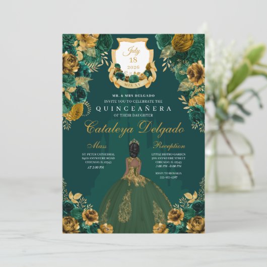 エメラルドグリーン&金ゴールドフローラエレガントキンセニェラ 招待状 (スタンド正面)