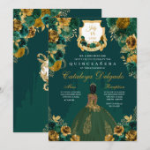エメラルドグリーン&金ゴールドフローラエレガントキンセニェラ 招待状 (正面/裏面)